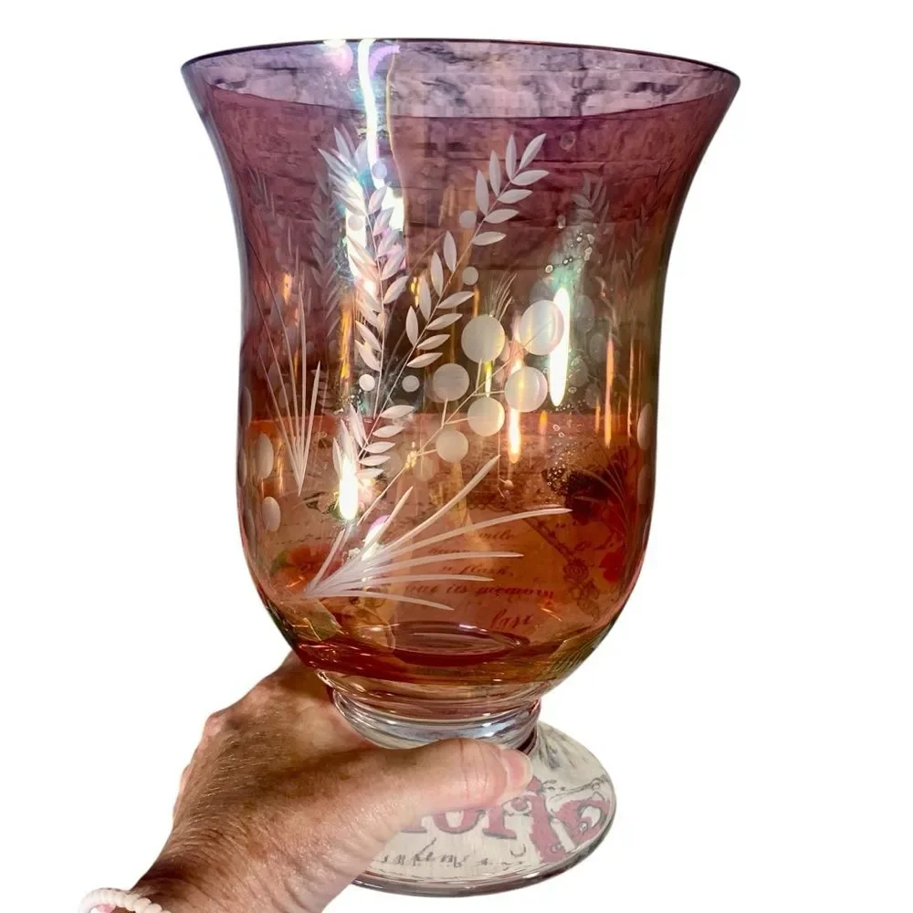 Lenox Crystal Vase Etched Cranberry Hurricane Glass Candelabra 9 Inch